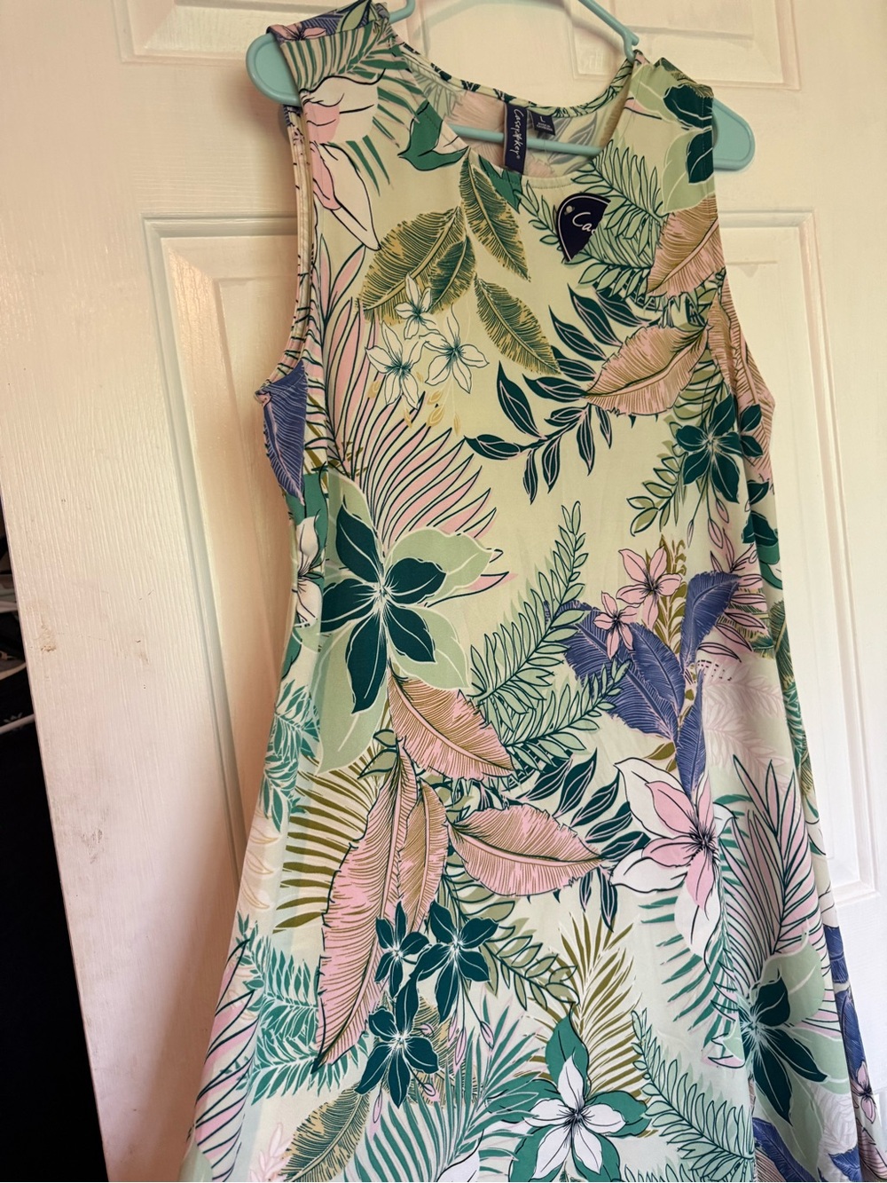 Casual Floral Sleeveless Dress- Tropical Print in Green & Pink